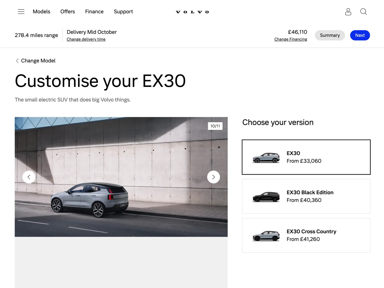 The Customise your EX30 step of the car configurator on volvocars.com, showing the version chooser.